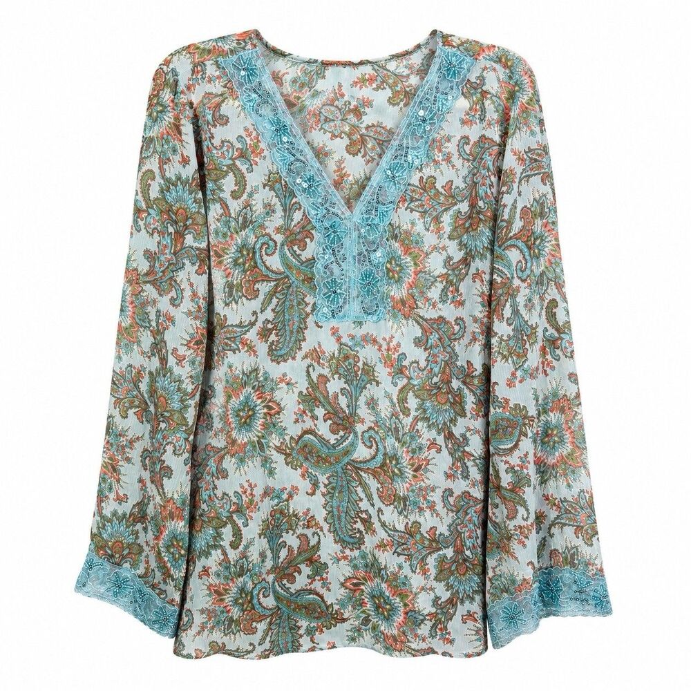 Venezia Women’s 22/24 Plus Size Paisley Tunic Blouse Blue Beaded Boho Y2K